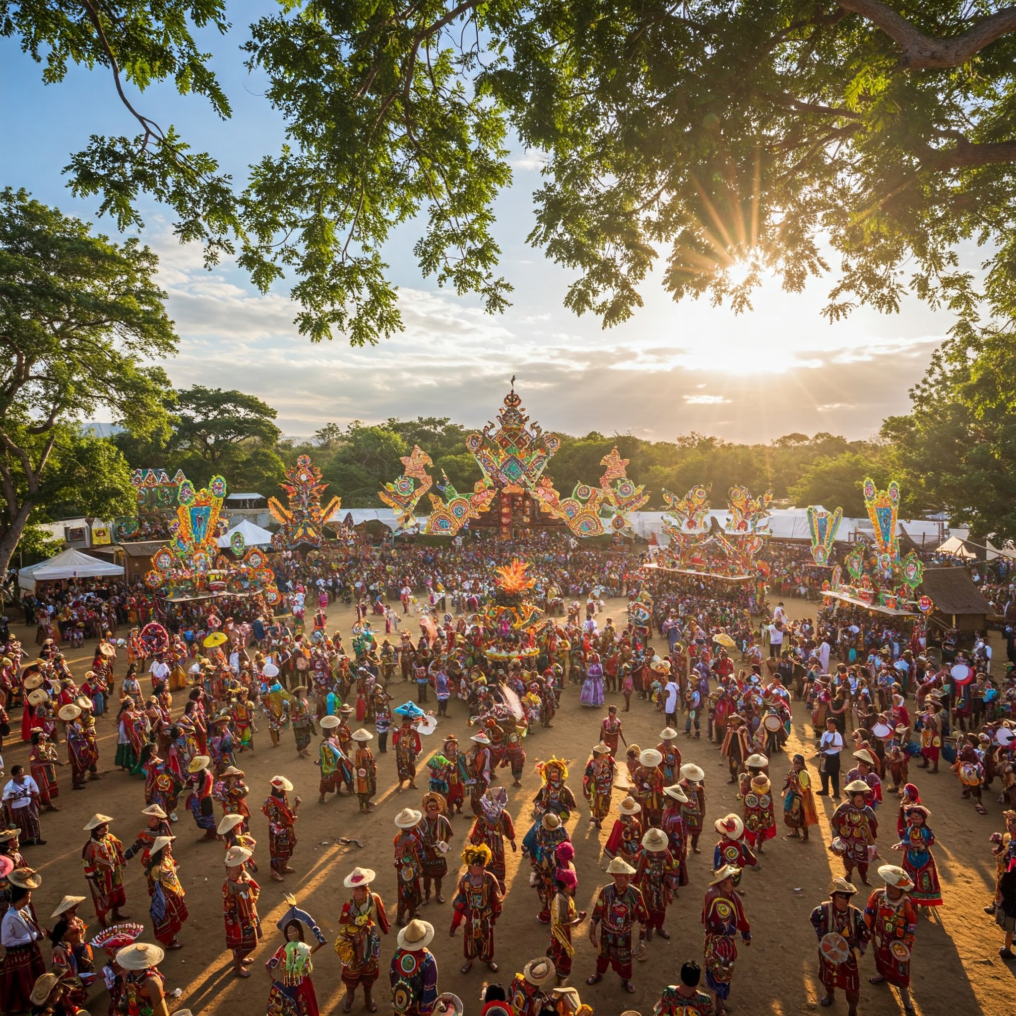 A vibrant cultural festival with colorful decorations and traditional costumes, showcasing the type of authentic cultural celebrations featured on Festivation